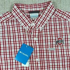 NWT Columbia Mens Medium Ohio State Buckeyes Red Rapid Rivers Plaid Button Down